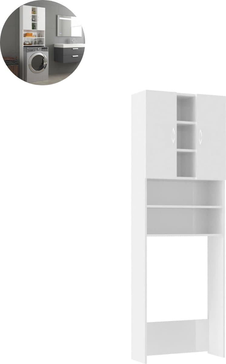 Wasmachine ombouw - Kast - Opbouwmeubel - Verhoger - Wasmachine meubel - Opbergkast - Hout - 64x25,5x190 cm - Hoogglans Wit — afbeelding 1