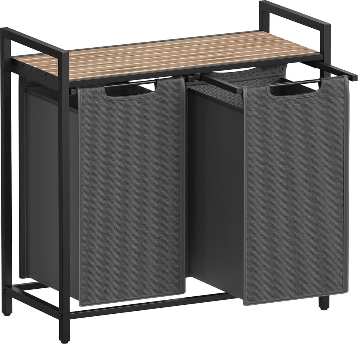 FurnStar - Wasmand - Wasmand met 2 compartimenten - Uittrekbare en verwijderbare waszakken - Wassorteerder - Plank - Metalen frame - 2 x 46L - 73 x 33 x 72 cm - Rustiek bruin en grijs — afbeelding 1