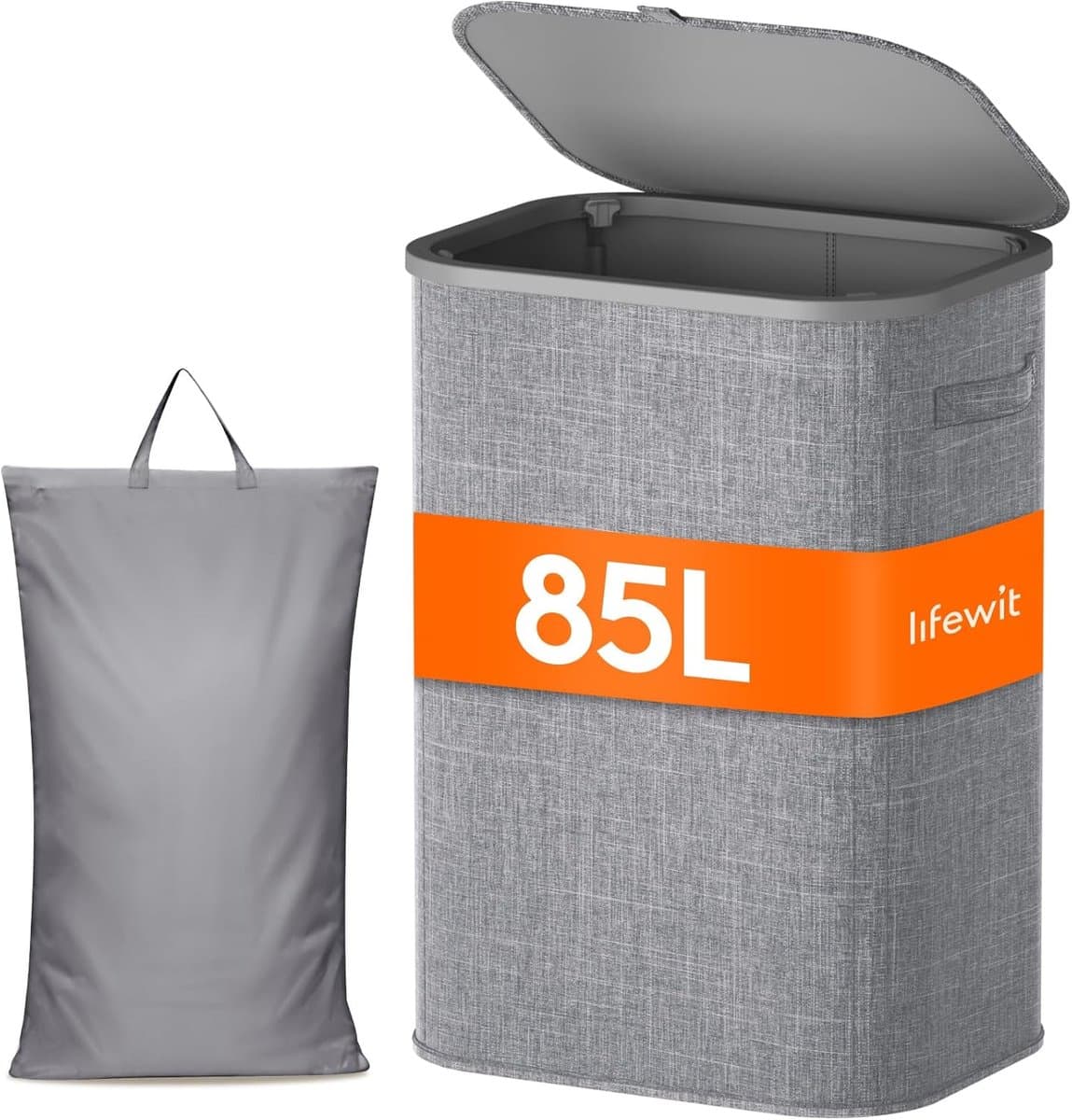 Smalle Wasmand 85L met Deksel – Opvouwbare Wassorteerder met Kunststof Frame – Grote Wasverzamelaar voor Slaapkamer & Badkamer – Grijs — afbeelding 1