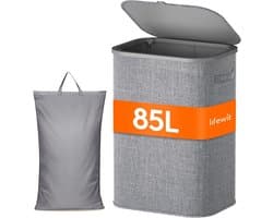 Smalle Wasmand 85L met Deksel – Opvouwbare Wassorteerder met Kunststof Frame – Grote Wasverzamelaar voor Slaapkamer & Badkamer – Grijs