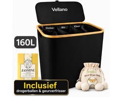 Vellano Wasmand 3 Vakken – Wassorteerder met Deksel – 160L – 3 Uitneembare Waszakken – Bamboe Frame – Incl. Drogerballen & Jasmijn Geurverfrisser — afbeelding 1