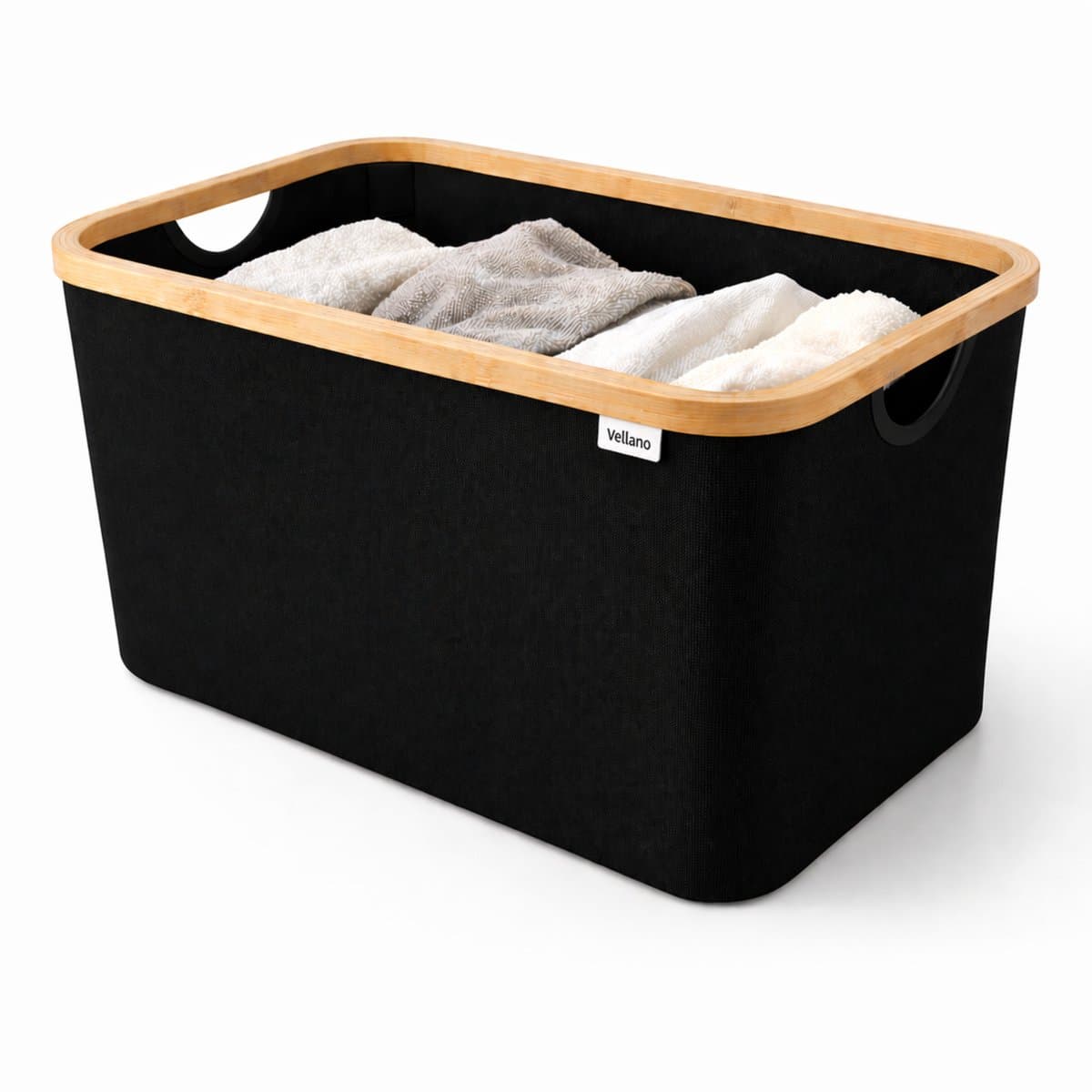Vellano Opvouwbare Wasmand 45L – Zwart – Wasmand met Bamboe Rand – Inklapbare Wasbox met Handgrepen – Heupwasmand – Opbergmand — afbeelding 1