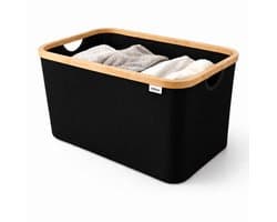 Vellano Opvouwbare Wasmand 45L – Zwart – Wasmand met Bamboe Rand – Inklapbare Wasbox met Handgrepen – Heupwasmand – Opbergmand