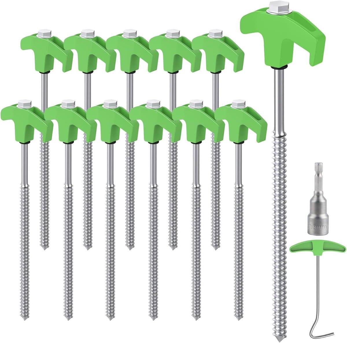 Set 12 groen/zilveren stalen tentpinnen 25cm – inclusief boor en spijkertrekker, geschikt voor harde grasondergronden — afbeelding 1