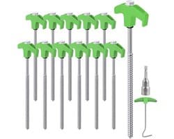 Set 12 groen/zilveren stalen tentpinnen 25cm – inclusief boor en spijkertrekker, geschikt voor harde grasondergronden