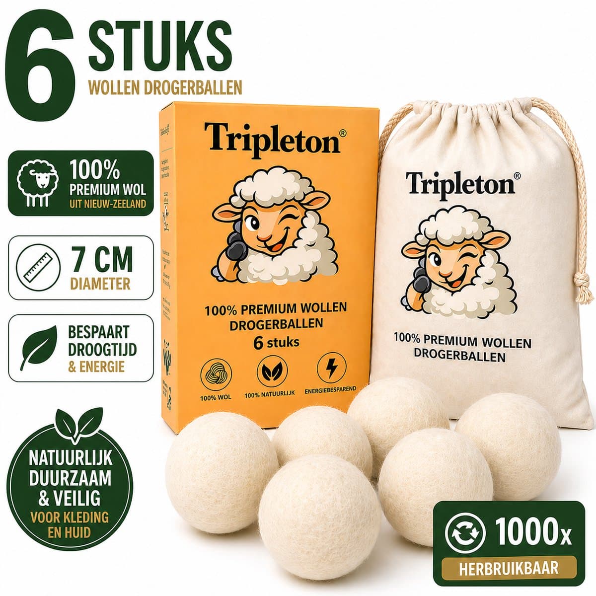 Tripleton® XXL Wollen Drogerballen – 6 Stuks – Herbruikbare Wasdrogerballen – Wasbollen – Dryer Balls – Wasballen — afbeelding 1
