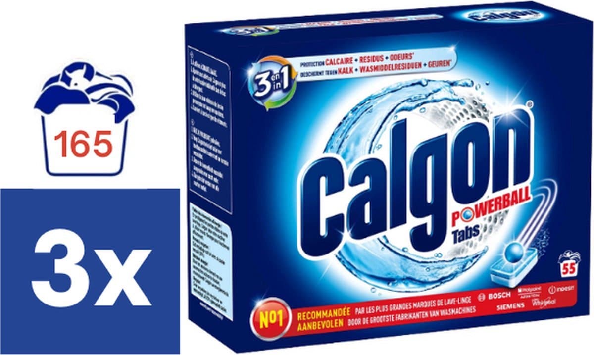 Calgon 3 in 1 Powerball Tabs Wasmachine Reiniger en Anti kalk - 3x 55 Tabletten - 165 Tabletten — afbeelding 1