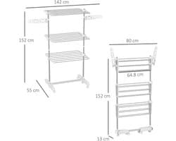 Droogrek 3 lagen inklapbaar met wielen 80-142 cm, wasrek verstelbaar, ruimtebesparend voor binnen en balkon