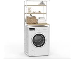Wasmachine Kast – Opzetrek met Planken en Ophangrail – Wasmachine Rek Metaal & Hout – Wasruimte Opberger – Wasmachine Ombouw – Opbergkast Boven Wasmachine – Wit/Hout