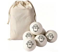 Set van 6 Wollen Drogerballen - XXL Diameter 8 cm - 100% Natuurlijke Schapenwol - Met Schaapjes Print - Inclusief Katoenen Opbergzak - Duurzame Wasverzachter