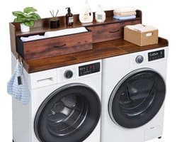 Lifero Wasdroger Werkblad - Aanrecht Wasruimte - Wasmachine Ombouwmeubel - Bruin met Lade en 2-laags Planken - Afdekplaat Ombouw
