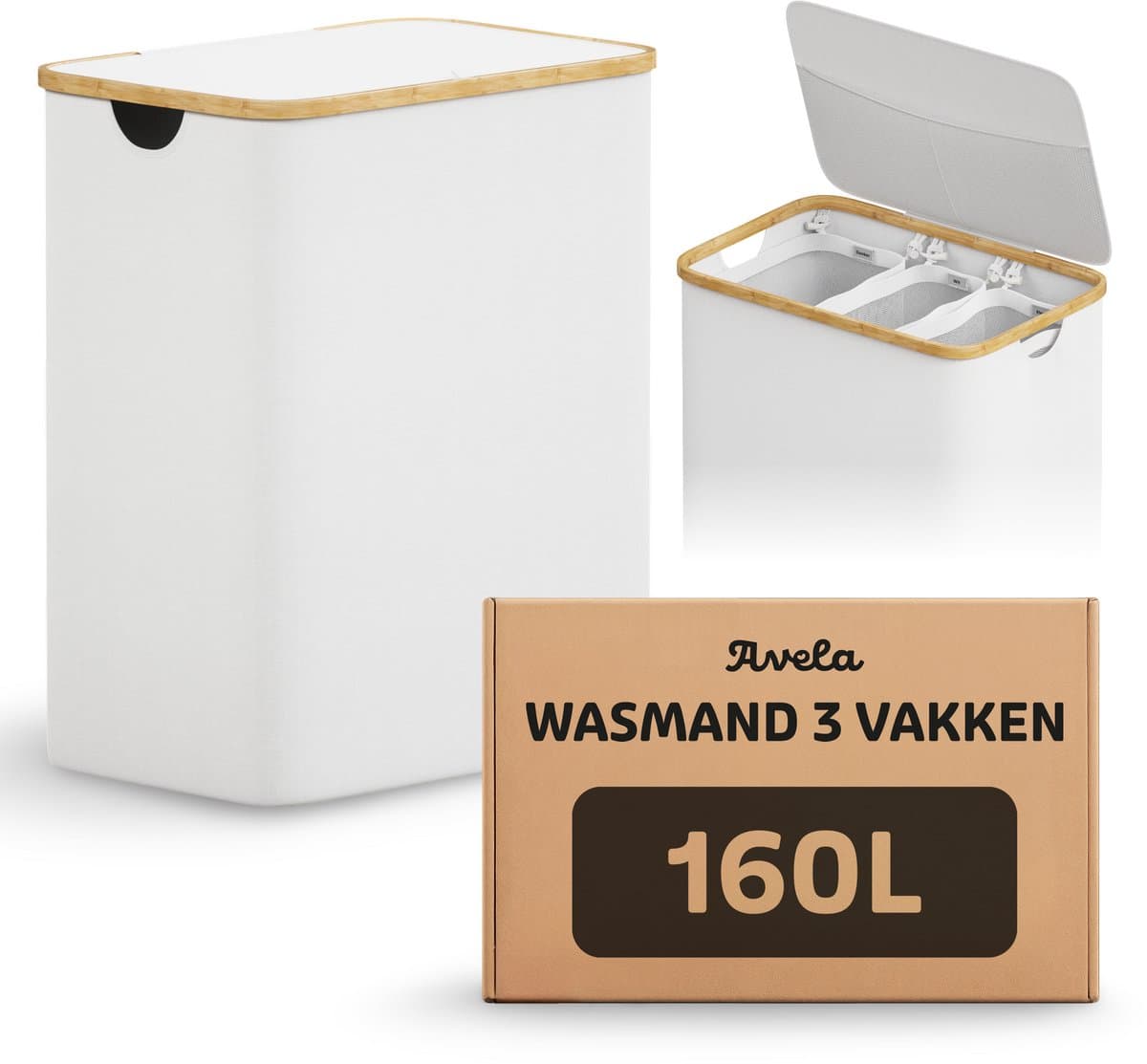 Avela Wasmand 3 vakken met deksel - 160L - Wit - Wassorteerder — afbeelding 1