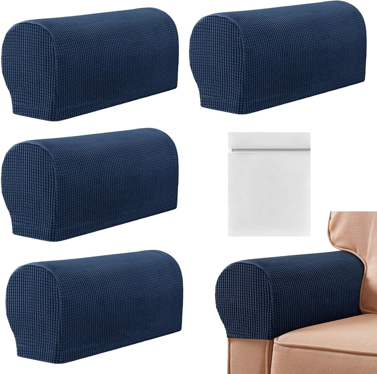 Armleuninghoezen voor Stoelen - 4 Stuks, Rekbare en Antislip Bescherming voor Meubels, Inclusief Waszak (Blauw) — afbeelding 1