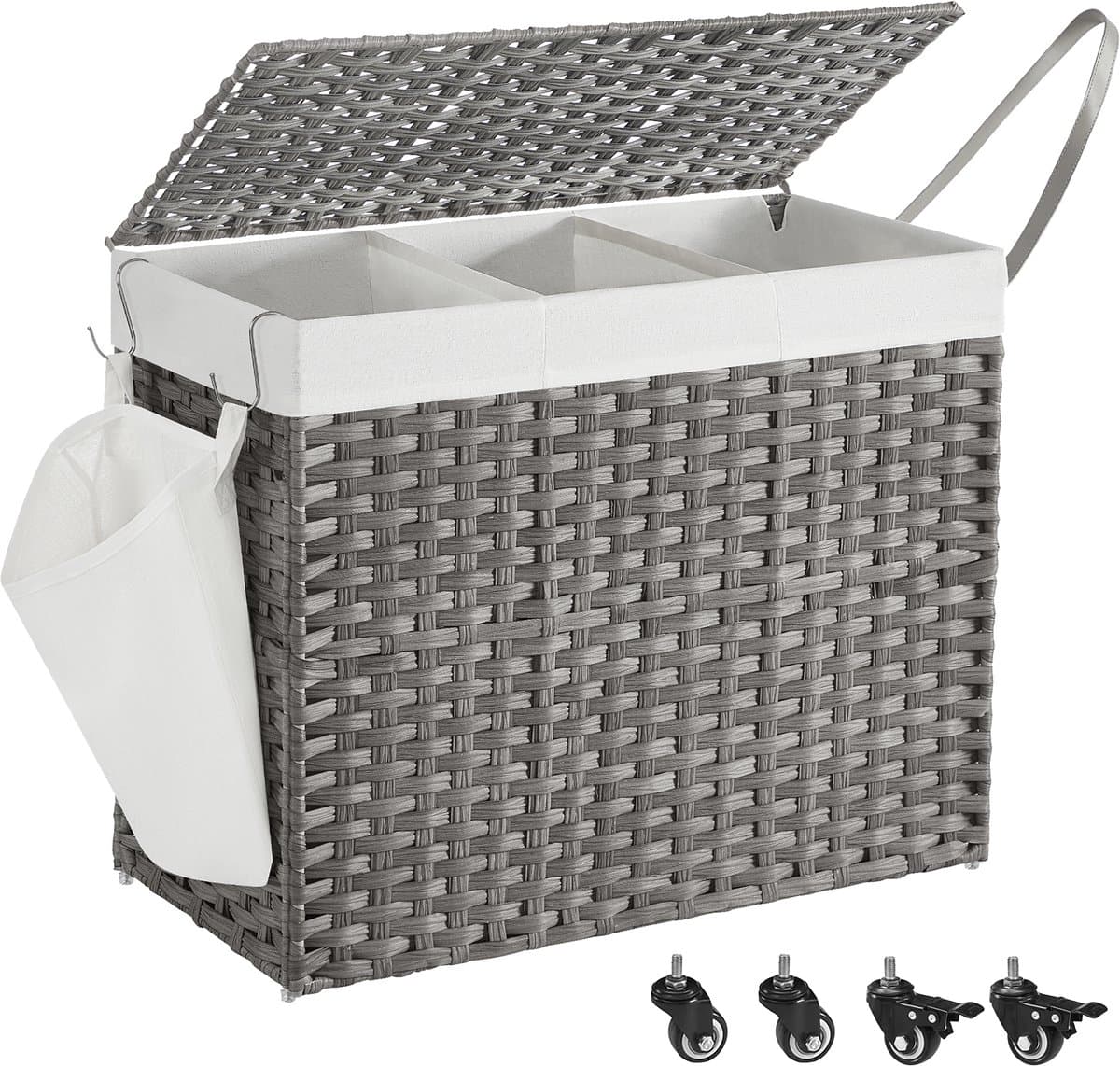 SONGMICS - Wasmand - Wassorteerder - Met Deksel - 3 Vakken - Uitneembare Waszak - Wielen - 150L+10L — afbeelding 1