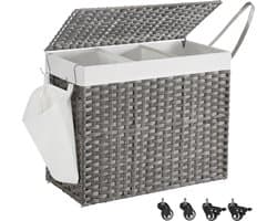 SONGMICS - Wasmand - Wassorteerder - Met Deksel - 3 Vakken - Uitneembare Waszak - Wielen - 150L+10L