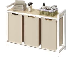 VASAGLE BLH301LH01 - Wasmand met 3 Vakken - Uittrekbare en Afneembare Waszak - Met Opbergrek