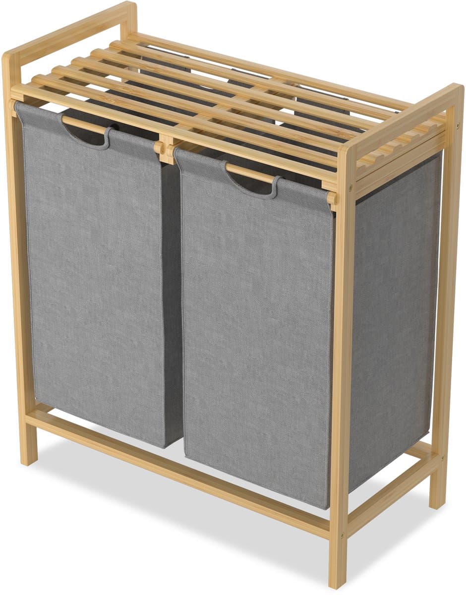 Wasmand van Oxford-weefsel, 2 x 36 liter, 2 vakken, afneembare wasverzamelaar met plank en bamboeframe, waszak, uittrekbaar, efficiënte wasopslag voor bijkeuken, grijs NAIZY — afbeelding 1