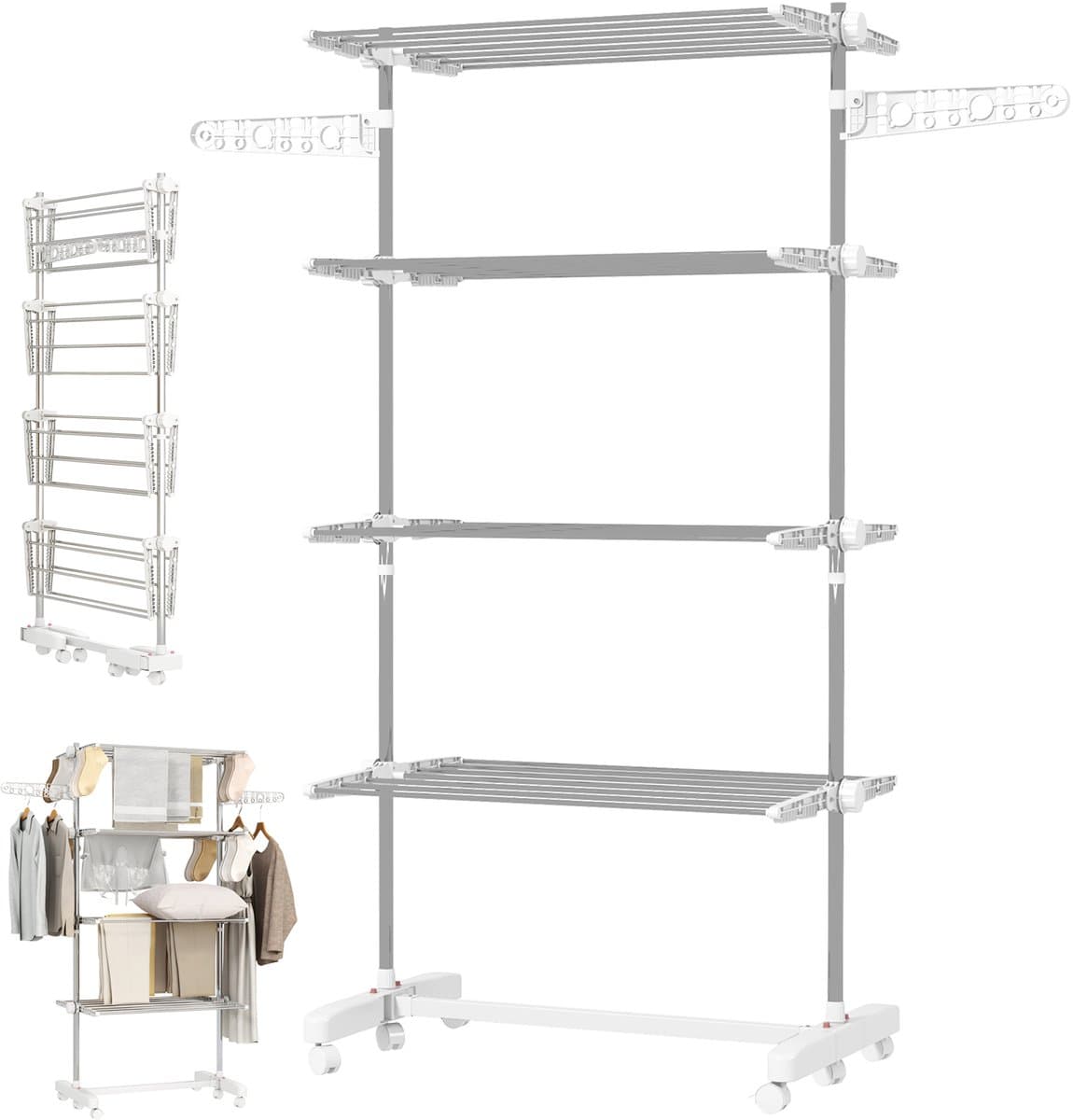 Mobiel wasrek - Wasrek met wielen - Mobiel Wasrek met 6 Wielen - Wit/Zilver RVS - 142x55x172 cm - Vouwbaar en Verstelbaar - Met Sokkenclips — afbeelding 1