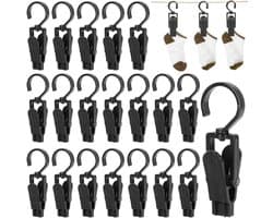 Thijox - 20 Stuks Antislip Haken met Veer, Zwart metaal 360° Draaibare Clips voor Handdoeken, Broeken, Schoenen, Hoeden, Sokken, Binnen & Buiten