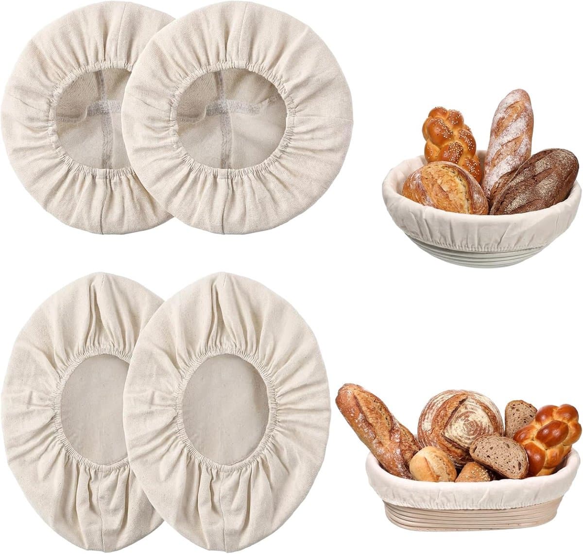 SnelShoppen - Banneton Liner Set 4 Stuks - 10 Inch Herbruikbare Ronde en Ovalen Brooddeksels - Natuurlijke Jute en Katoen - Ideaal voor Thuisbakkerij — afbeelding 1