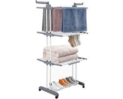 PIPIPOXER- Wasrek Inklapbaar-Droogrek-Staand Droogrek Inklapbaar-Met 3 sokkenclips-Wastoren-Ruimtebesparend Wasrek -75x49x170 CM-Ecologisch Was Drogen- grijsachtig wit