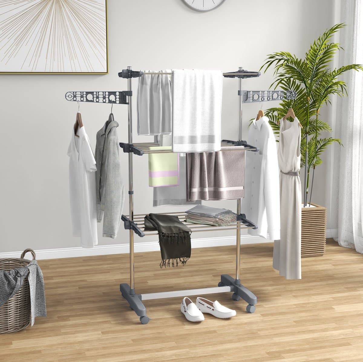 COVREO Droogtoren 142x55x152 cm – grijs staal, 3 niveaus, inklapbaar met 6 wielen — afbeelding 1