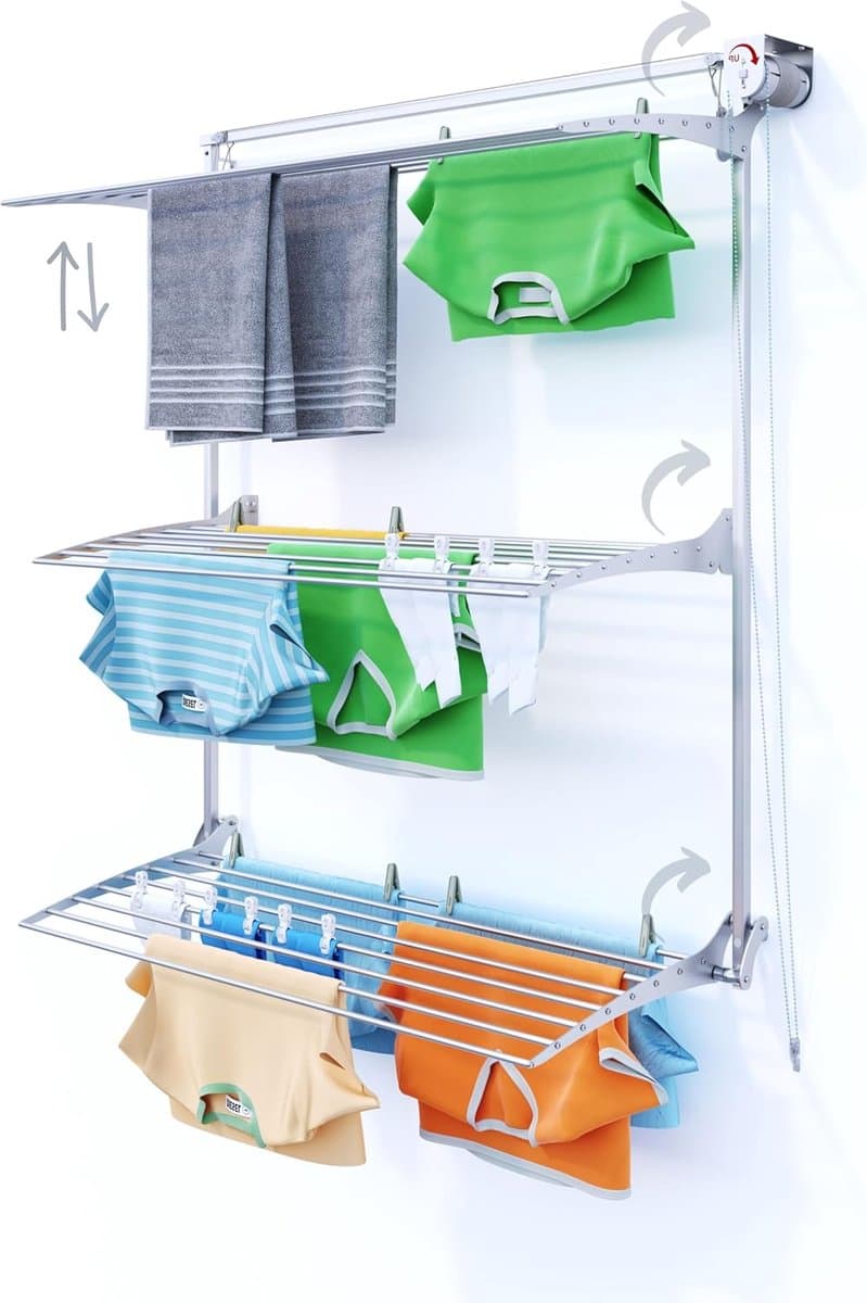 Wand Wasdroger Toren - Opvouwbaar Droogrek - Ruimte Besparen - Handige Kettingbediening - 128 cm Hoog - Grijs — afbeelding 1