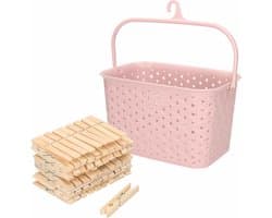Wasknijpers mandje met ophanghaak - roze - gevuld met 100x houten wasknijpers van 7 cm - was ophangen