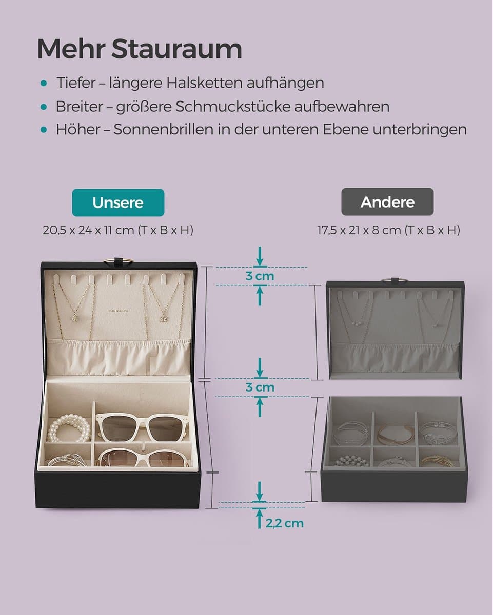 Schmuckkästchen 2 Ebenen mit Griff und flexiblem Schmucktablett schwarz — afbeelding 1