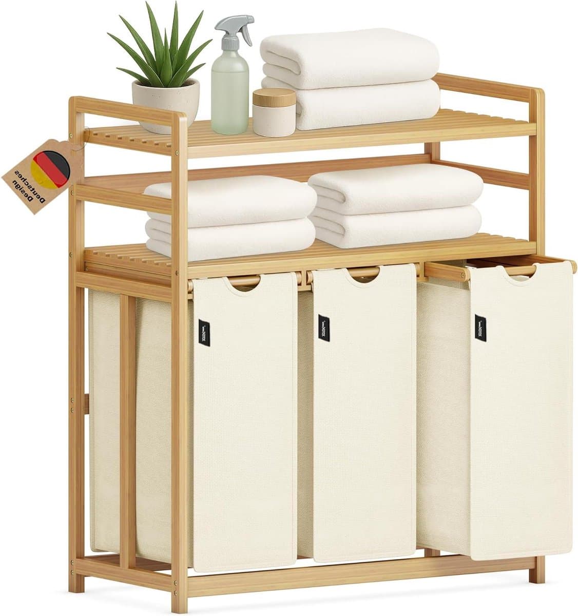 Wasmand met 3 vakken - Sorteren Kleding - Huishoudelijk Organiseren - Dubbele etage ontwerp - 148 Liter - Beige — afbeelding 1