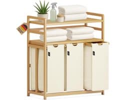 Wasmand met 3 vakken - Sorteren Kleding - Huishoudelijk Organiseren - Dubbele etage ontwerp - 148 Liter - Beige