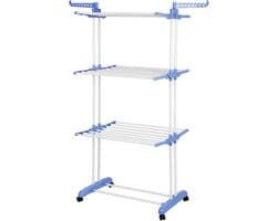 Wasrek met wieltjes - Kledingdroger toren - Ruimtebesparend drogen - Inklapbaar met zijvleugels - 170 cm hoog - Blauw