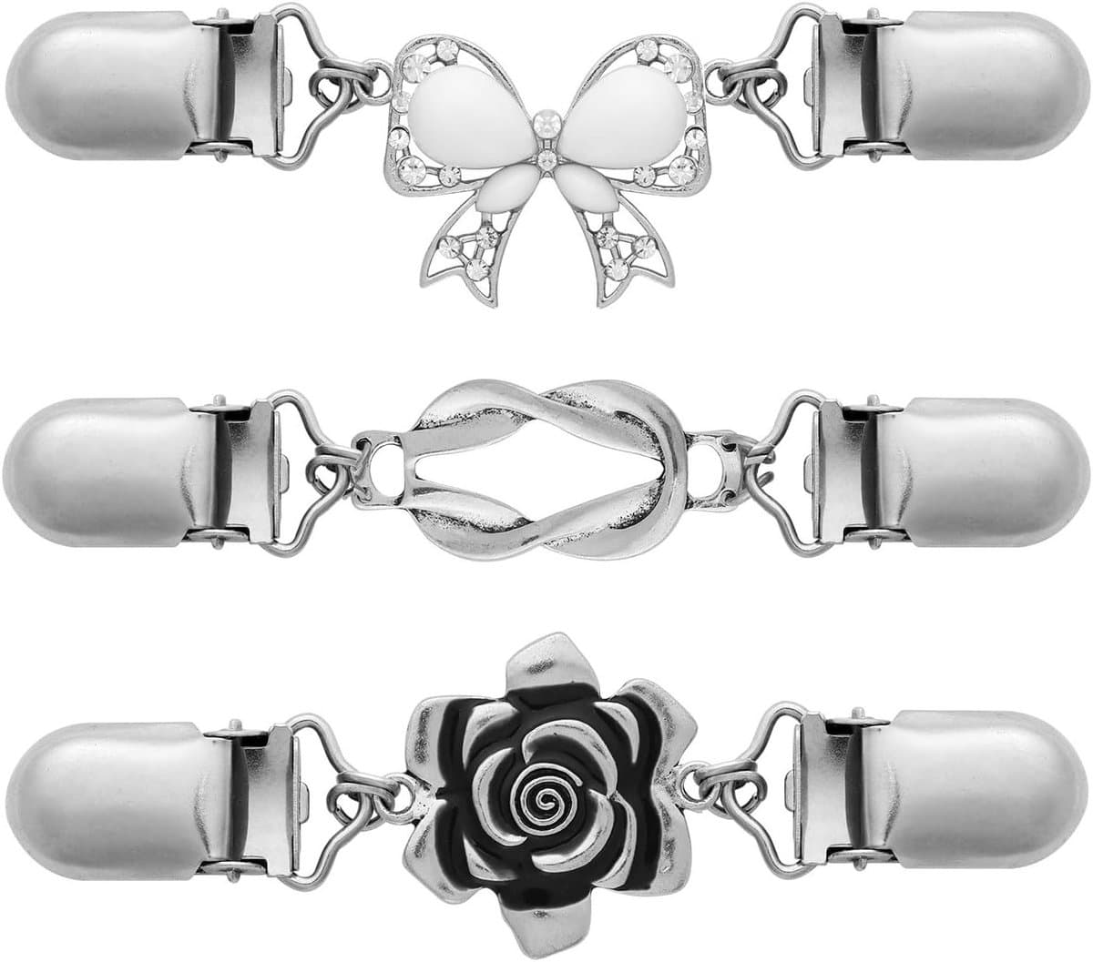 3-delige Vintage Kledingknijpers voor Dames, Perfect voor Truien, Sjaals en Colletjes - Stijlvolle Accessoires met Strik, Bloem en Rechthoek Design — afbeelding 1