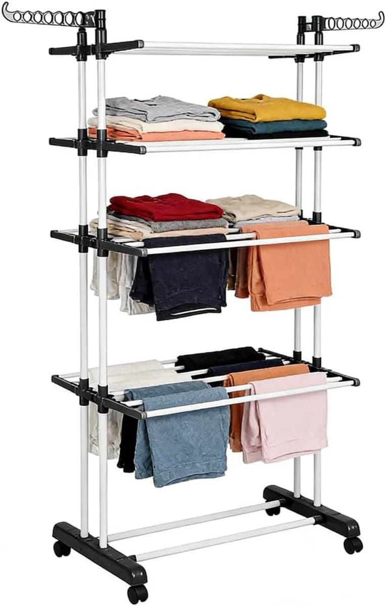 Droogrek Toren - Wasdroger Uittrekbaar - Ruimtebesparend Wassen - Sterk Koolstofstaal - 49x75x170 cm - Zwart Wit — afbeelding 1