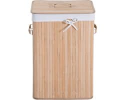 Wasmand, opvouwbare bamboe wasmand met deksel, voorzien van uitneembare binnenzak en 3 PU-handgrepen, afmetingen 40 x 30 x 60 cm (hoogte), beige