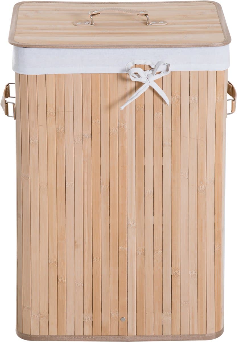Wasmand, opvouwbare bamboe wasmand met deksel, voorzien van uitneembare binnenzak en 3 PU-handgrepen, afmetingen 40 x 30 x 60 cm (hoogte), beige — afbeelding 1