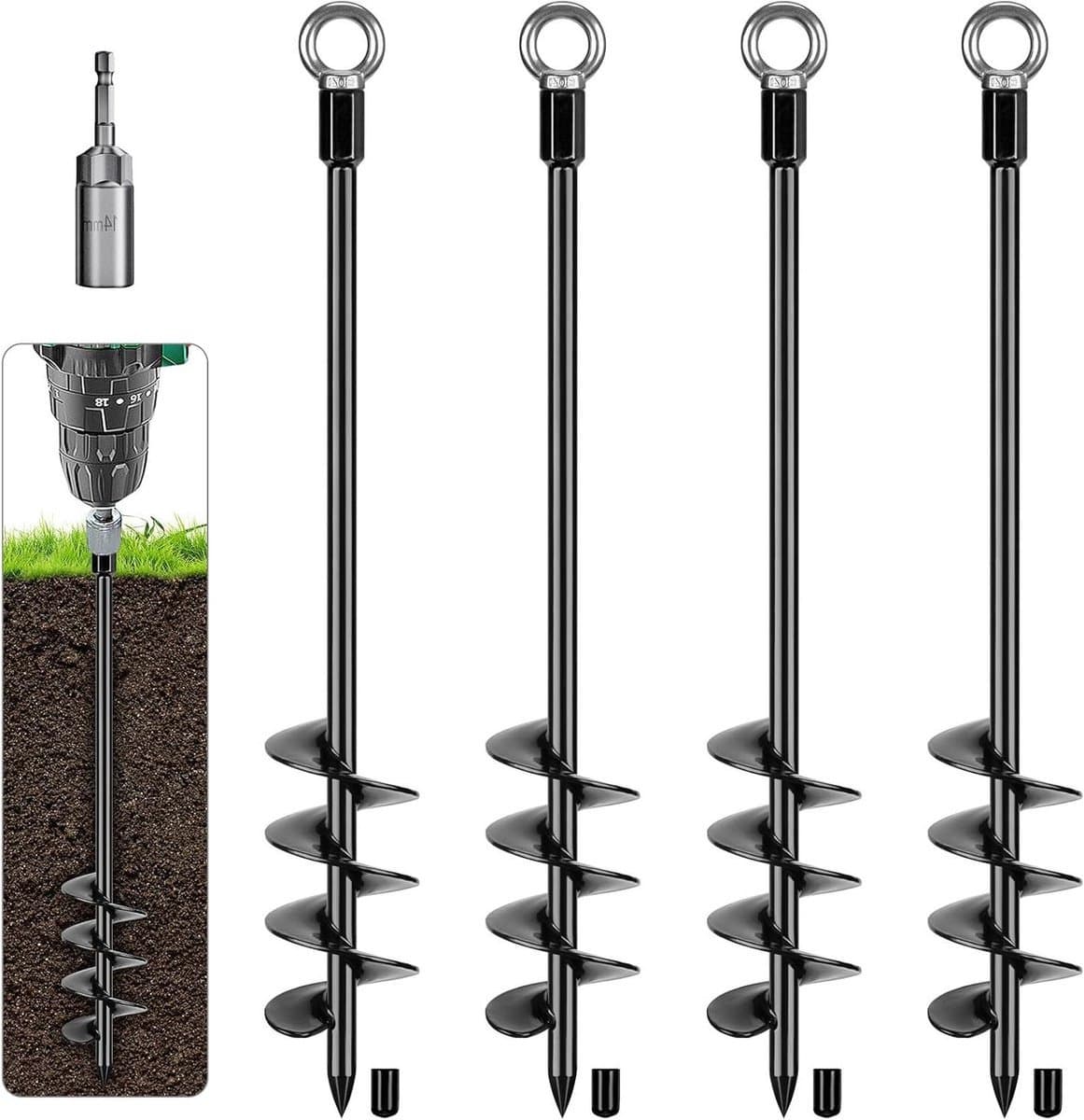 Tenthaak - grondschroef - Heavy Duty - zwart - 61 cm - metalen - aardzand - spiraal - wind - storm - spiek - schommel - camping - schuur - hond - carport - luifel - vaste ring - geschikt voor - Trampoline haak - 4 stuks. — afbeelding 1