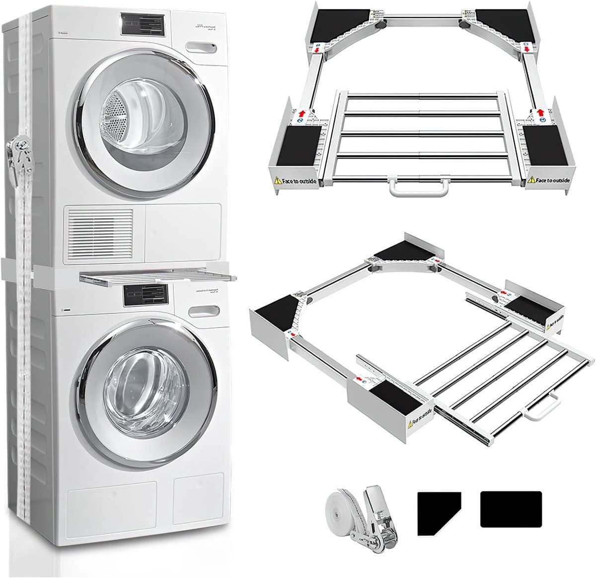 Verstelbaar Wasmachine & Droger Stapelrek – Universeel Model – Met Bevestigingsbanden & Anti-slip Pads — afbeelding 1
