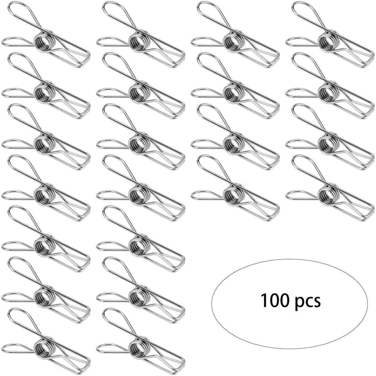 100-stuks Wasknijpers van roestvrij staal - Metalen wasknijpers - Wasknijpers in bulk - Droogklemmen - Roest- en vlekbestendig - Sterke windgrip - Brede opening - Geschikt voor waslijnen, voedselzakken, foto's, keukens, kantoren, enz. - Zilver — afbeelding 1