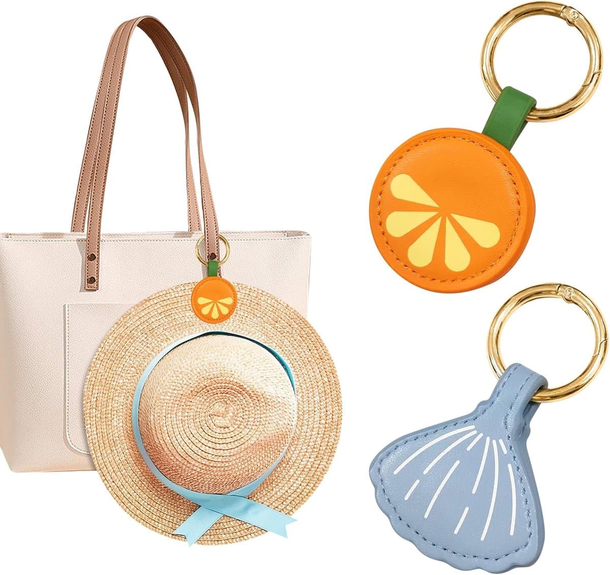 Magnetische hoedenhouder voor op reis, 2 hoedenclips voor tas, strohoedclip, hoedenclip voor handtas, bagage, reisaccessoire (blauwe schelp en oranje schijf), oranje roze — afbeelding 1