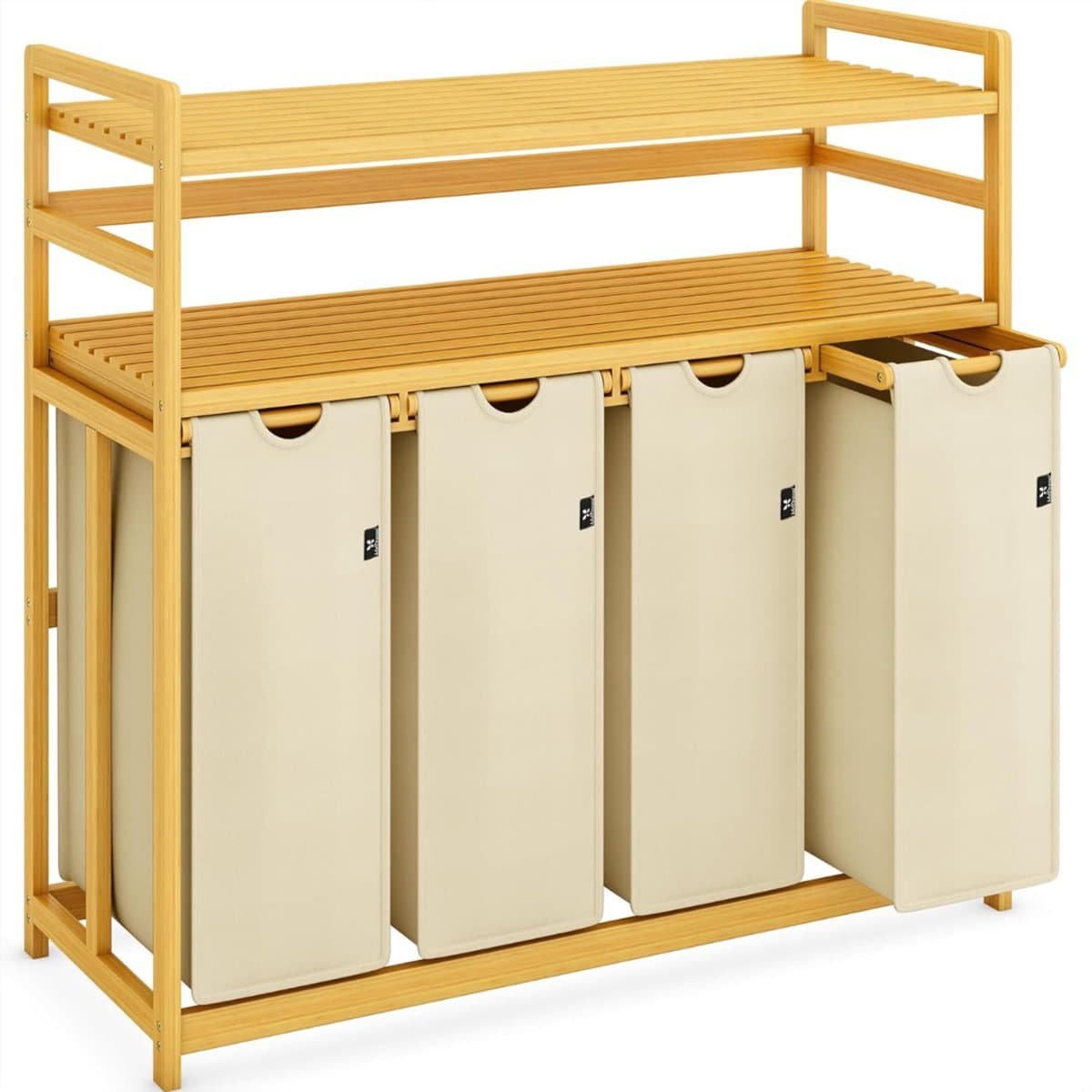 MIRA® Wasmand 4 Vakken - Wassorteerder - Wasmand - Bamboe Frame - Beige- 103cm x 41cm x 77cm — afbeelding 1