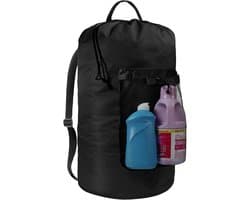 Waszak - Waszak met schouderband en netvak - Wasrugzak - Grote draagbare wasmand - Perfect voor studenten, wasserettes en reizen in appartementen - Zwart