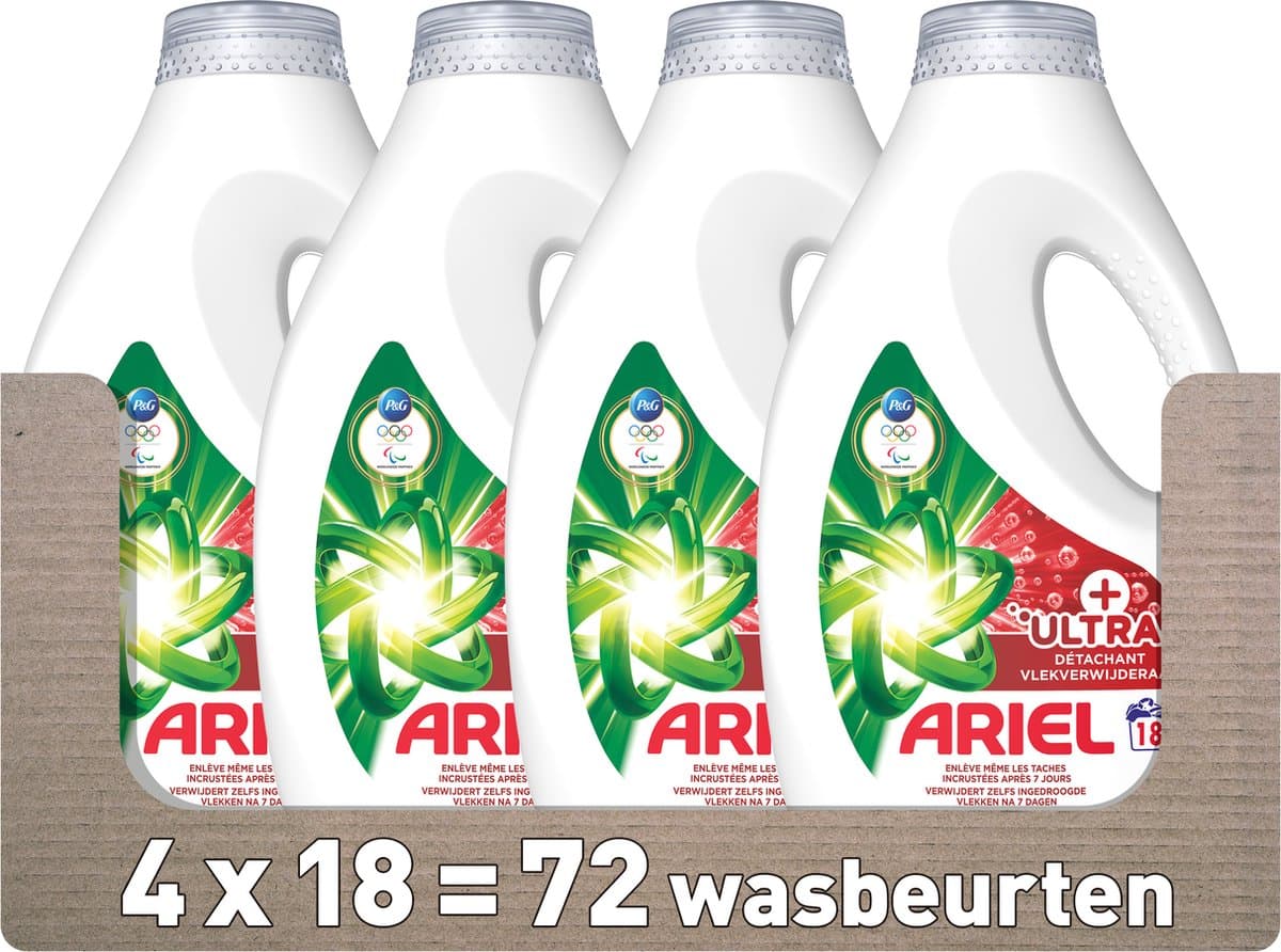 Ariel Vloeibaar Wasmiddel +Ultra Vlekverwijderaar - 4 x 18 Wasbeurten - Voordeelverpakking — afbeelding 1