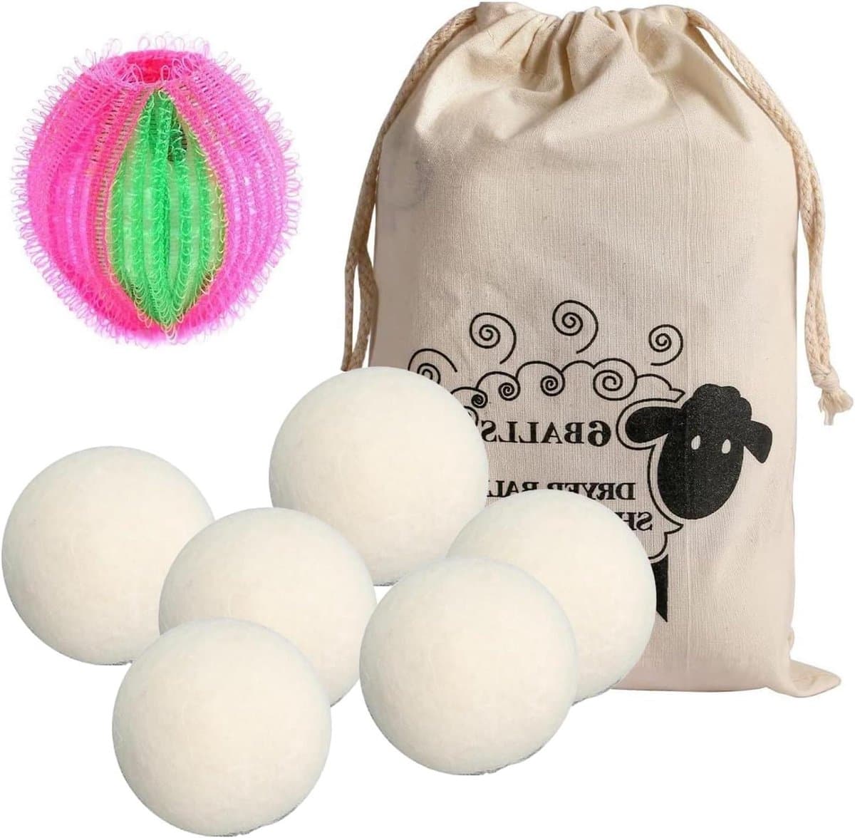 Allecto Plus - 6 stuks Wolbal voor Wasdroger - Natuurlijke Wollen Drogerballen - Wollige Wasverzachter - Zacht en Pluizig - Inclusief Opbergtas - Milieuvriendelijk Optie 4 cm - Set van 6 — afbeelding 1