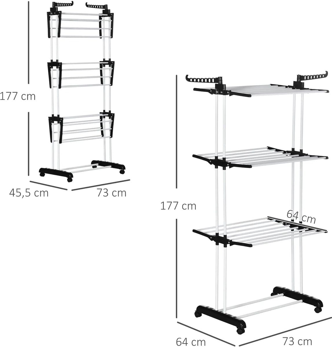 Pugsdrly Droogrek, 4 niveaus, inklapbaar, 4 wielen met 2 remmen, metalen frame, zwart, 73 x 64 x 177 cm — afbeelding 1