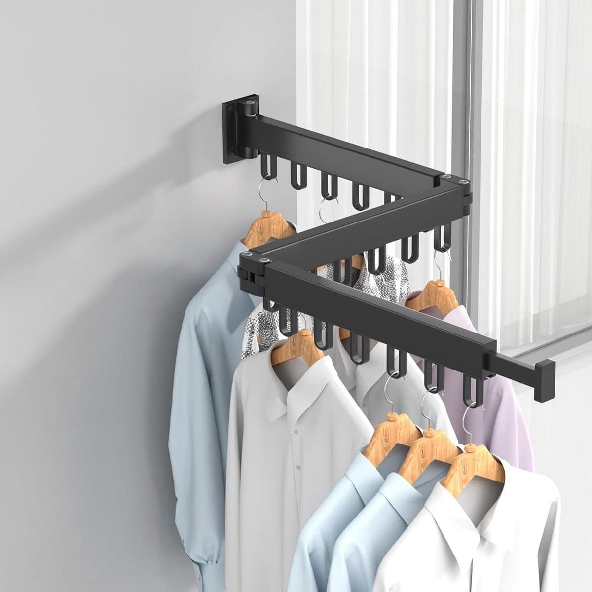 Foldable Wall Mounted Drying Rack with Hooks Strong Clothes Airer Indoor Outdoor Space Saving Drying Racks for Balcony Bathroom Bedroom (Black 3-fold) — afbeelding 1