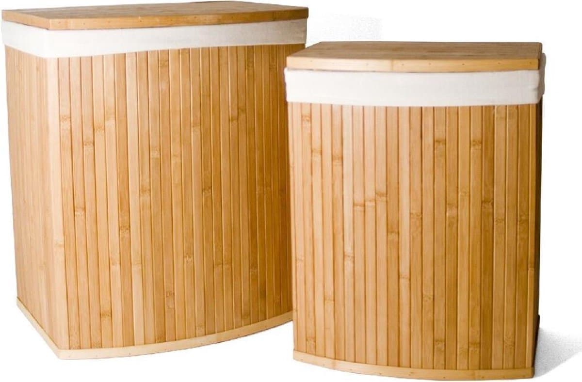 Set van 2 Bamboe Wasmanden incl. waszak met Deksel, Katoenen Zak en Handvaten – Gebogen voorkant -Naturel – 63L / 31L — afbeelding 1