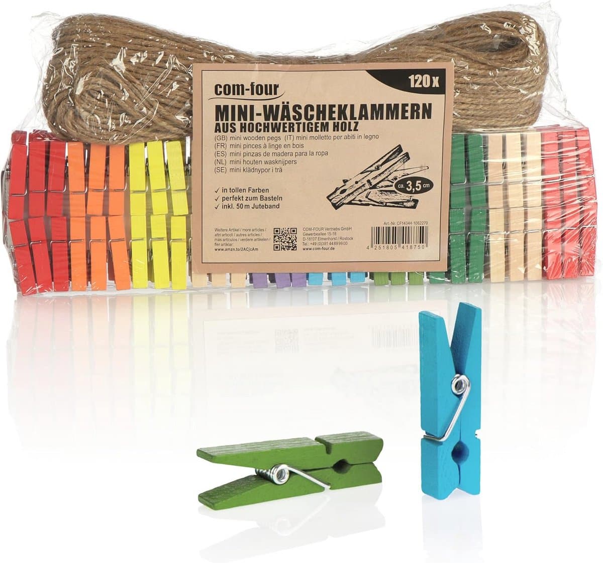 Mini Wasknijpers en Jute Touw - 120 Kleurrijke Houten Clips voor Decoratie van Foto's en Collages — afbeelding 1