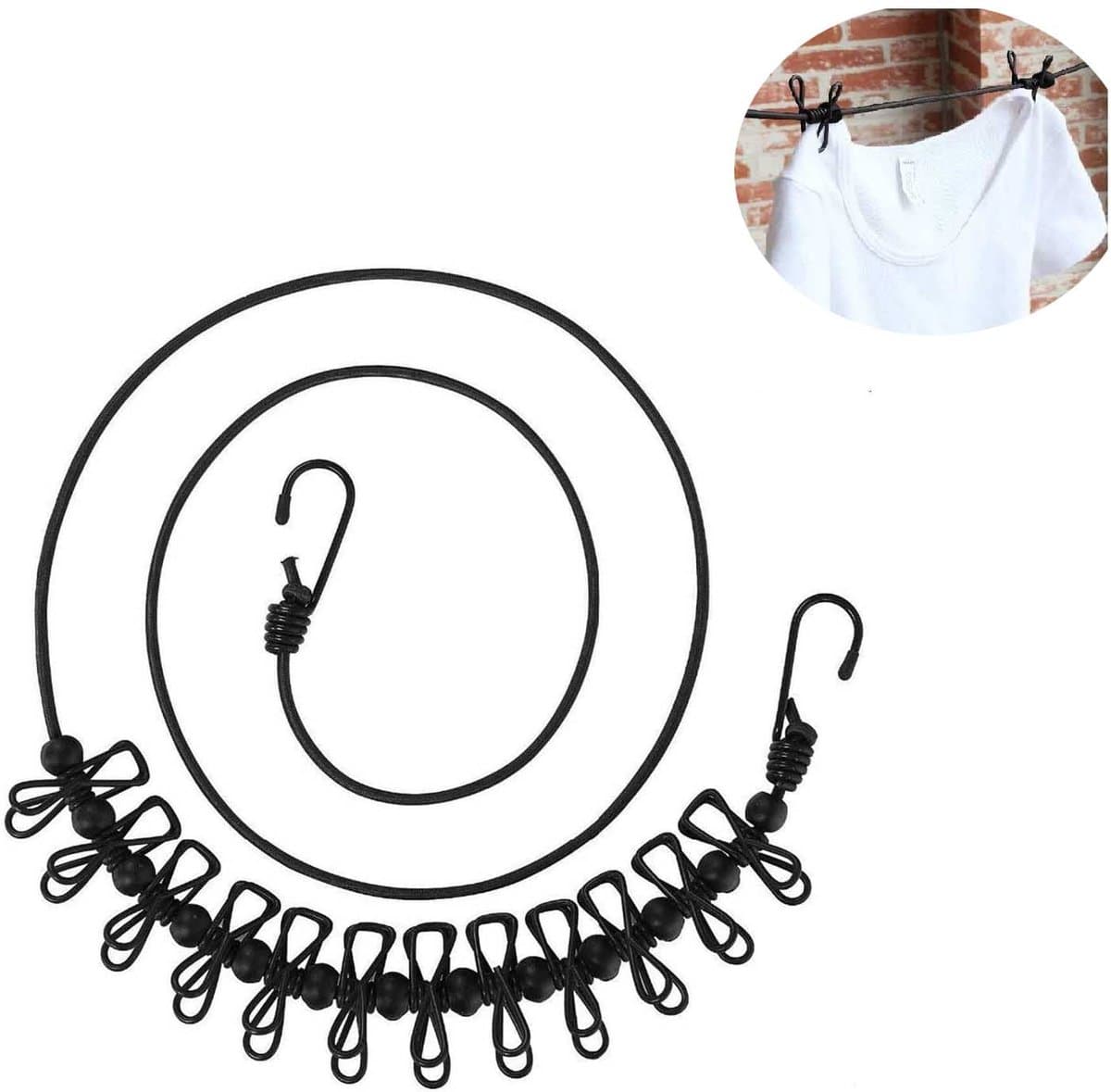 Portable Clothesline - 1 Pack Travel Clothesline - Adjustable Retractable Windproof Rope with 12 Thread Clips and Non-slip Buckle for Camping Travel Clothes Tumble Drying - Black — afbeelding 1