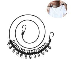 Portable Clothesline - 1 Pack Travel Clothesline - Adjustable Retractable Windproof Rope with 12 Thread Clips and Non-slip Buckle for Camping Travel Clothes Tumble Drying - Black
